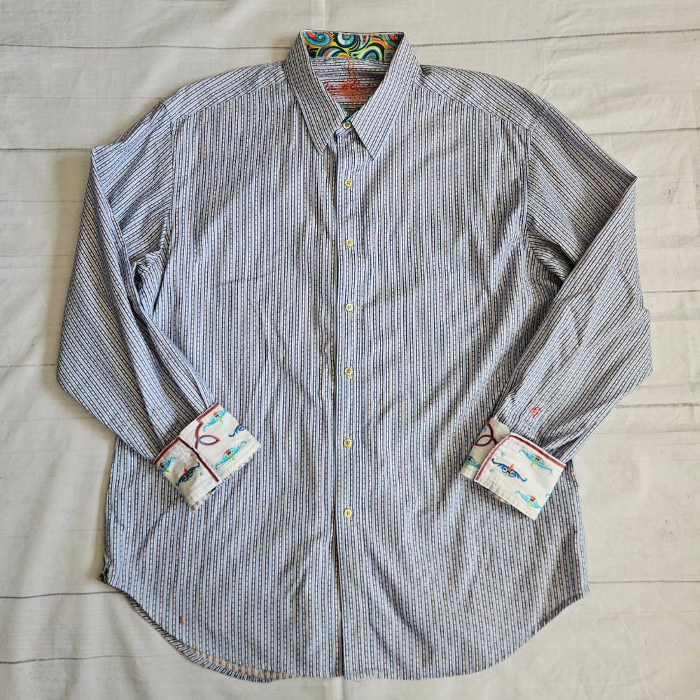 Robert Graham Dotted Stripe Print Embroidered Flip Cuff Button Up Mens XL